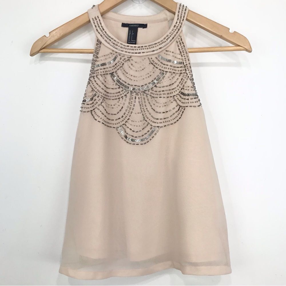 Forever 21 Cream Silver Sequin Beaded Halter Holiday Tank Blouse NEW